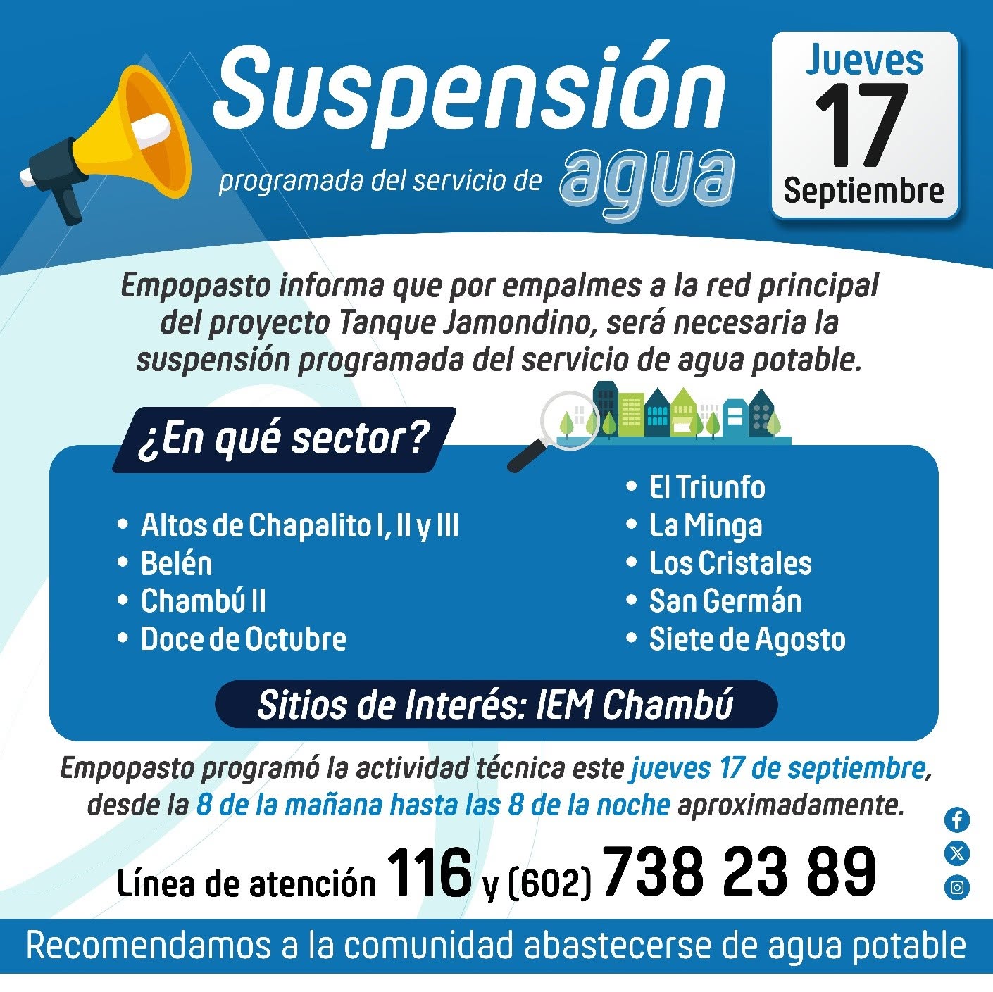 Empopasto suspenderá el servicio de agua potable