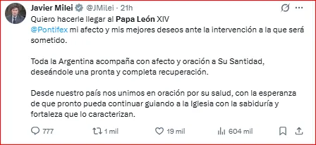 Milei reacciona a la operación del Papa