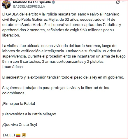 Liberación de un ingeniero secuestrado en Santa Marta.