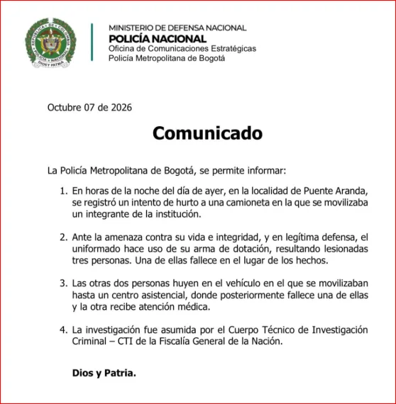 Policia en el caso de Puente Aranda en Bogotá