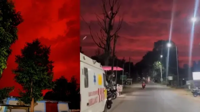 El cielo de la India se tiñe de rojo durante el paso del ciclón Arnab