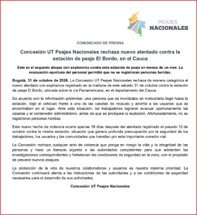 Atentado a peaje en La Sierra,Cauca