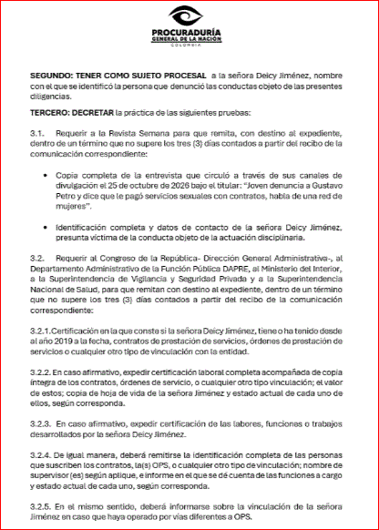 Procuraduría apertura de investigación tras declaraciones de Deicy Jiménez.