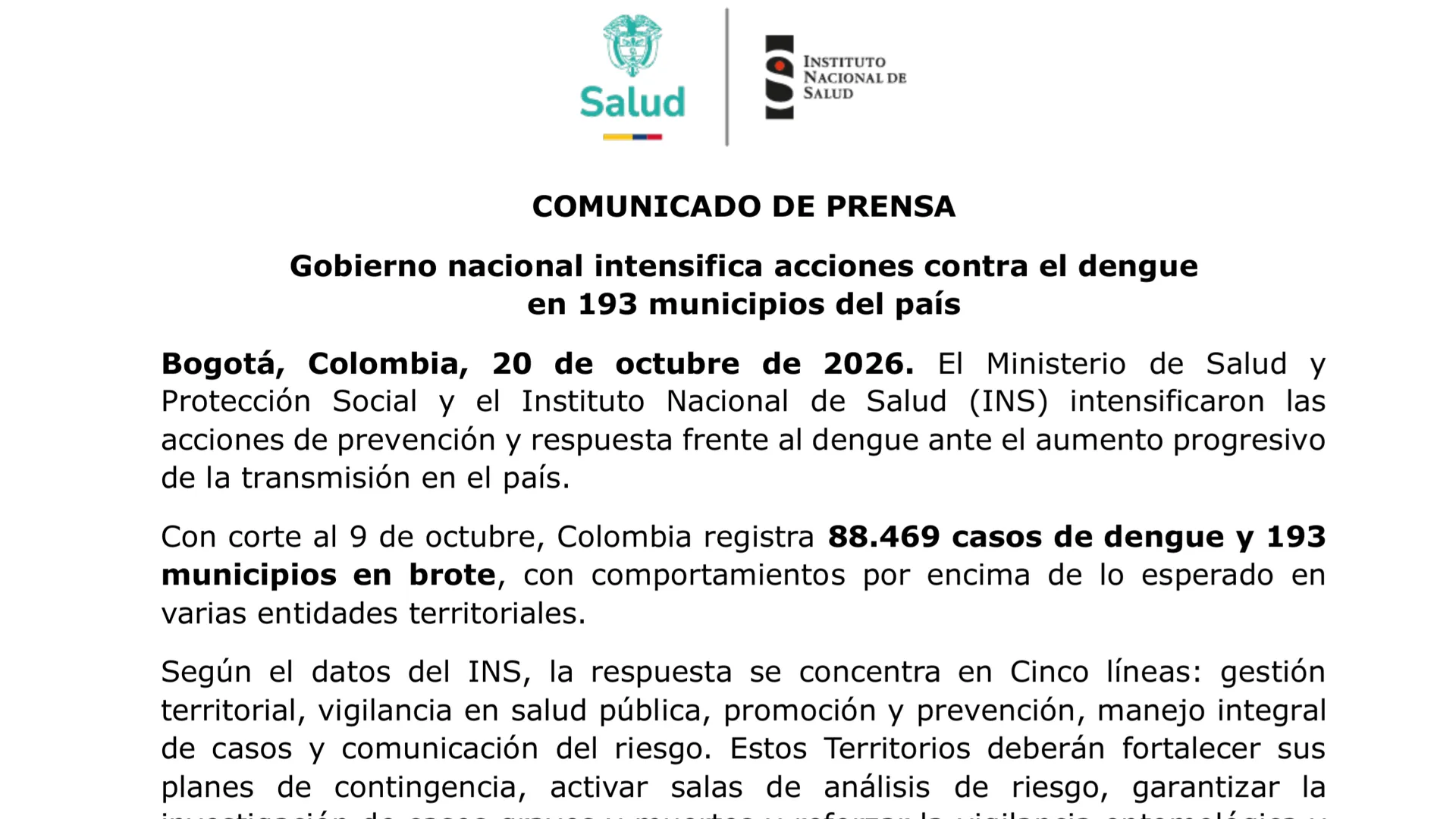 Dengue en Colombia deja 60 muertes y 88.469 casos confirmados en lo corrido del 2026