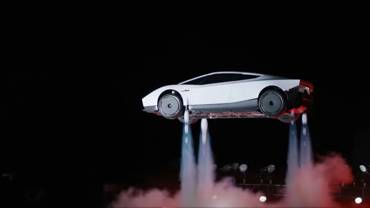 Vehículo deportivo eléctrico realiza maniobras aéreas de exhibición en un evento espacial