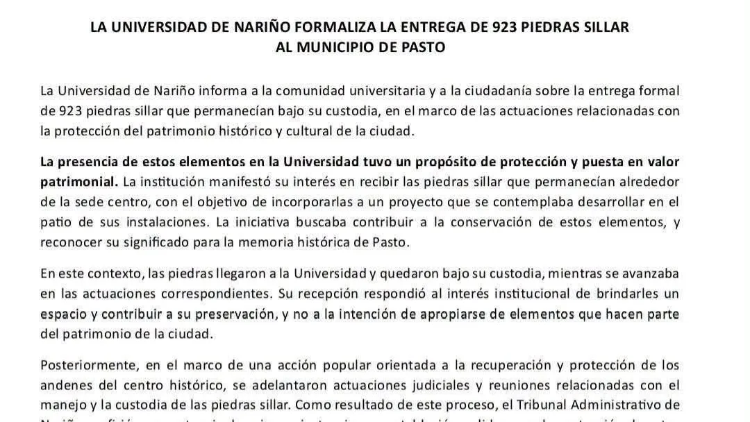 REGRESAN A MANOS DEL MUNICIPIO! Universidad de Nariño entrega 923piedras sillar a la Alcal