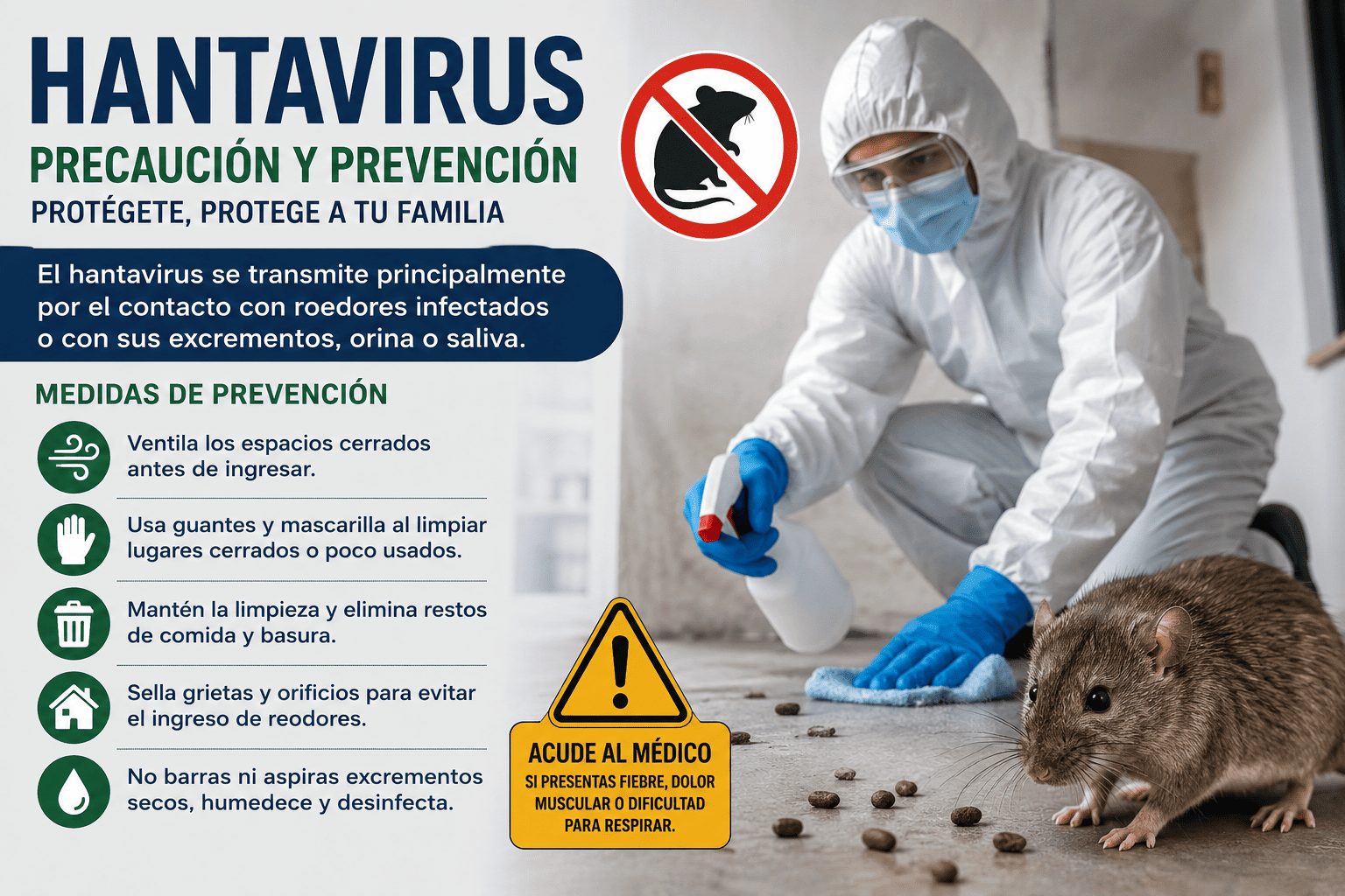 El hantavirus se ha convertido en una preocupación para las autoridades sanitarias debido a los riesgos que representa para la salud humana. Esta enfermedad viral se transmite principalmente por el contacto con roedores infectados o con sus secreciones, especialmente en espacios cerrados, rurales o poco ventilados. Por esta razón, expertos recomiendan mantener medidas de prevención y reforzar la higiene en viviendas y lugares de trabajo.