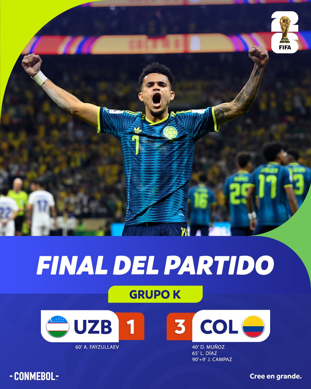 Con goles de Muñoz, Díaz y Campaz, el equipo de Lorenzo ganó a Uzbekistán que descontó por medio de Fayzullaev.